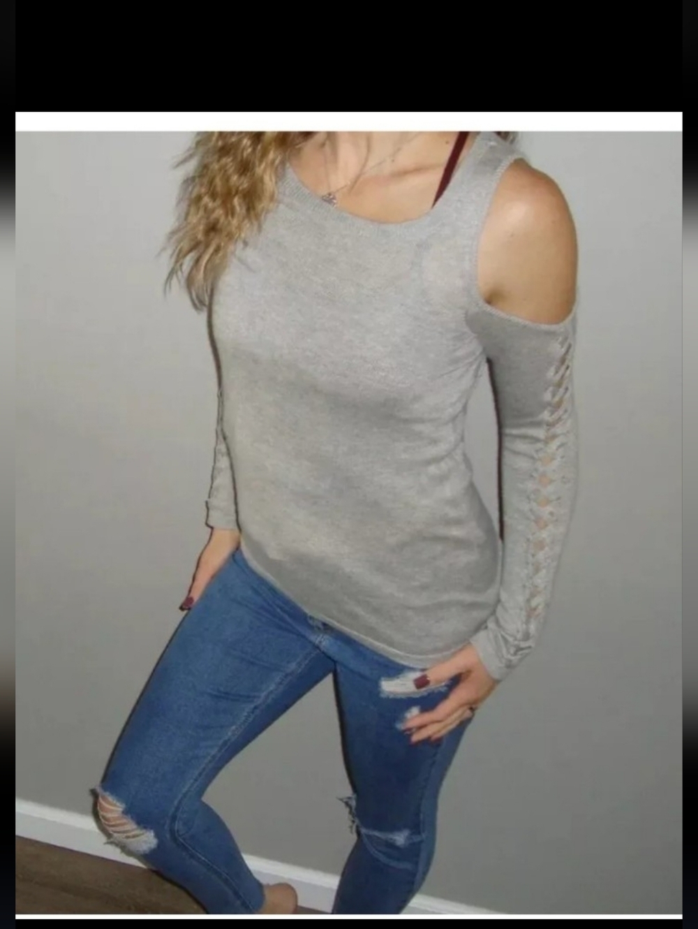Pink Republic Gray Cold Shoulder Knit Sweater Shirt Top Size XS